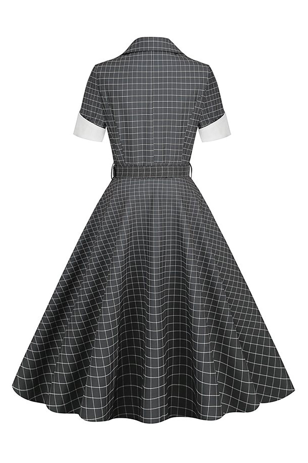 Grey Plaid Lapel Neck Vintage Dress