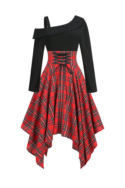 Black Red Plaid Patchwork Asymmetrical Vintage Dress