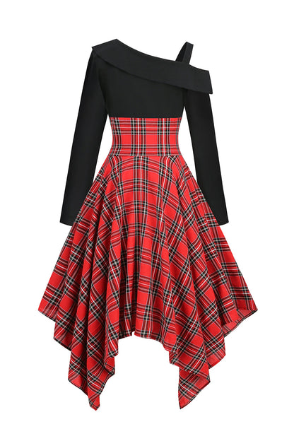 Black Red Plaid Patchwork Asymmetrical Vintage Dress