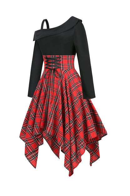 Black Red Plaid Patchwork Asymmetrical Vintage Dress