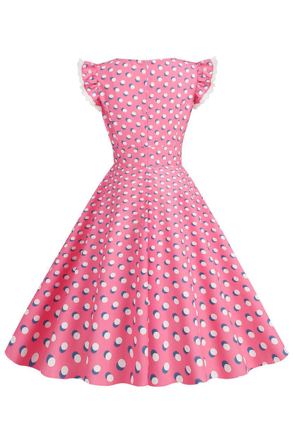 A Line Pink Polka Dots Flutter Sleeves Vintage Dress