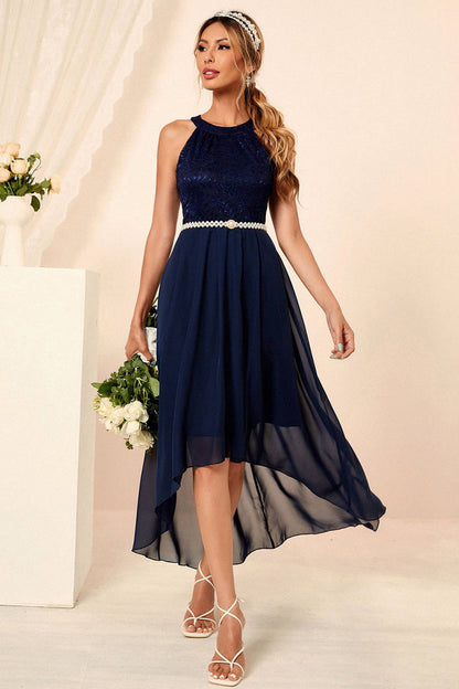 Navy Halter Neck Sleeveless A-line Chiffon Bridesmaid Dress