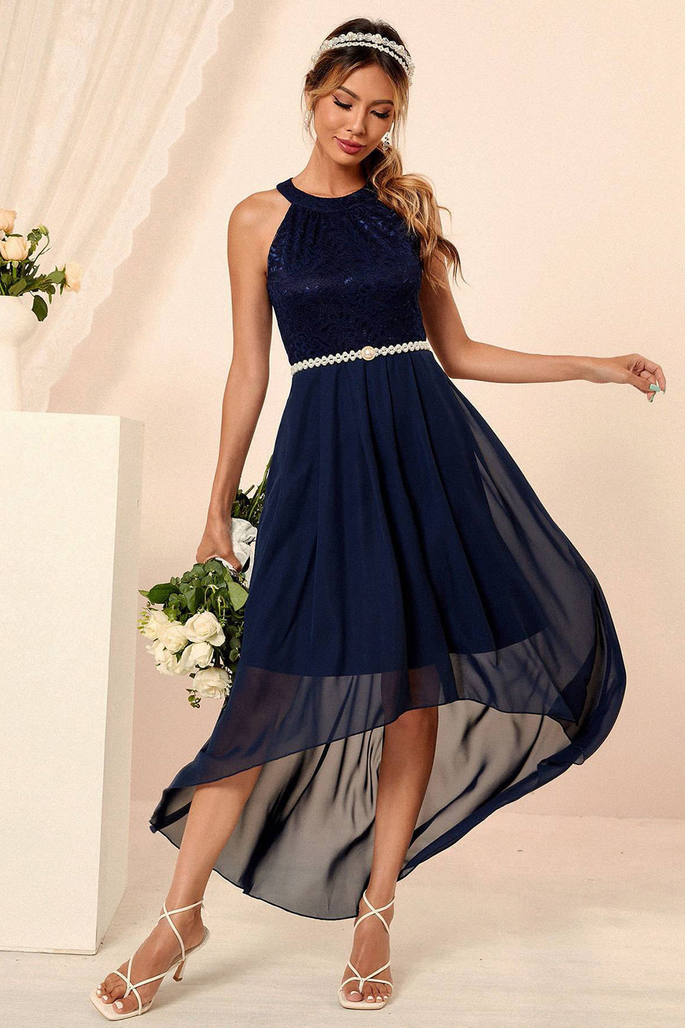 Navy Halter Neck Sleeveless A-line Chiffon Bridesmaid Dress