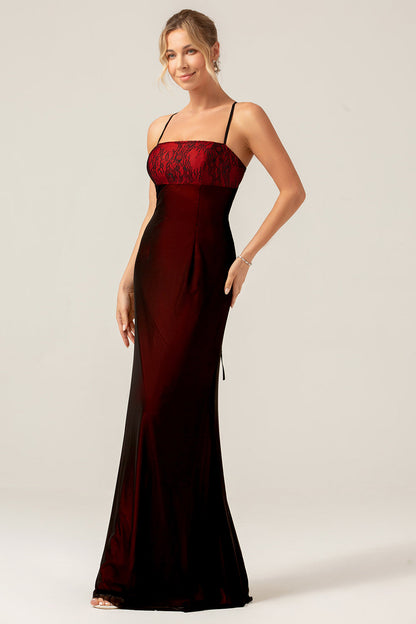 Sheath Black Red Bridesmaid Dress with Lace-up Back