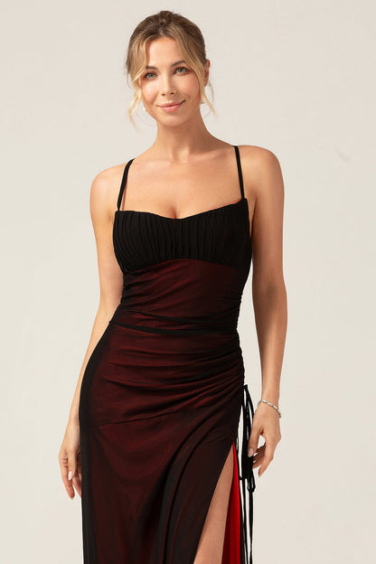 Sheath Spaghetti Straps Floor Length Black Red Bridesmaid Dress