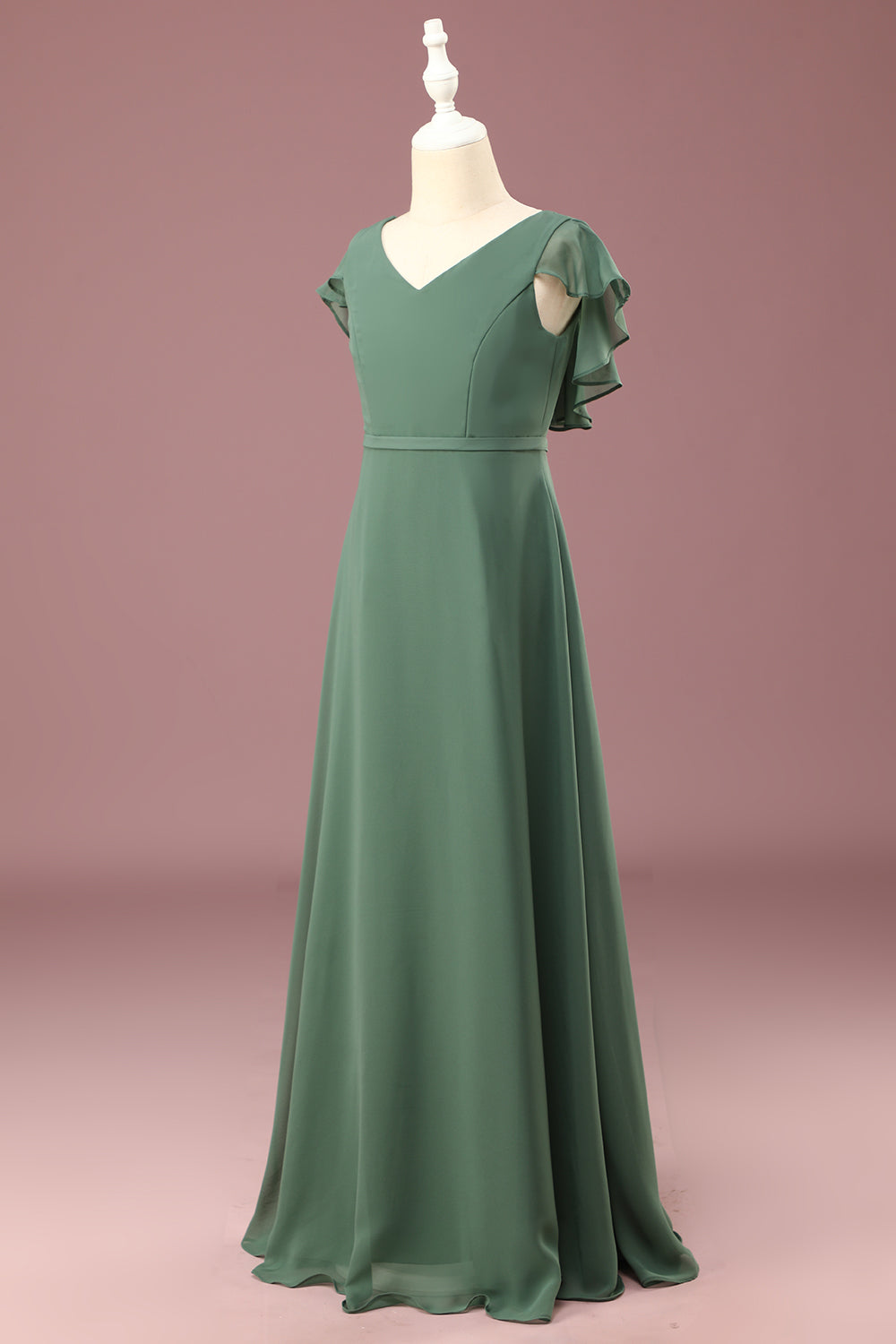 A-line Eucalyptus Chiffon Long Cap Sleeve Junior Bridesmaid Dress