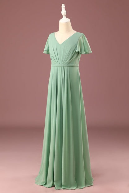 Long Matcha A-line Chiffon V-neck Short Sleeves Junior Bridesmaid Dress