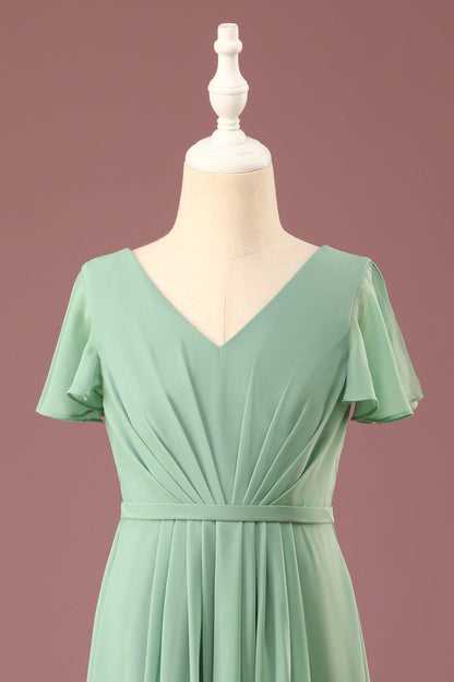 Long Matcha A-line Chiffon V-neck Short Sleeves Junior Bridesmaid Dress