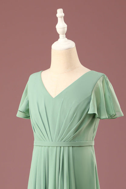 Long Matcha A-line Chiffon V-neck Short Sleeves Junior Bridesmaid Dress