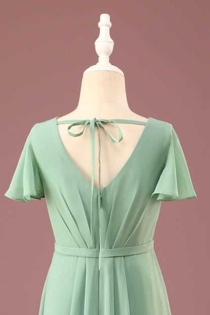 Long Matcha A-line Chiffon V-neck Short Sleeves Junior Bridesmaid Dress