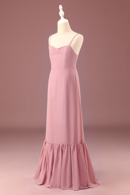 Dusty Rose Spaghetti Straps A-line Chiffon Long Junior Bridesmaid Dress