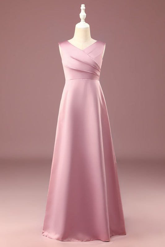 Dusty Rose Satin A-line Pleated V-neck Long Junior Bridesmaid Dress