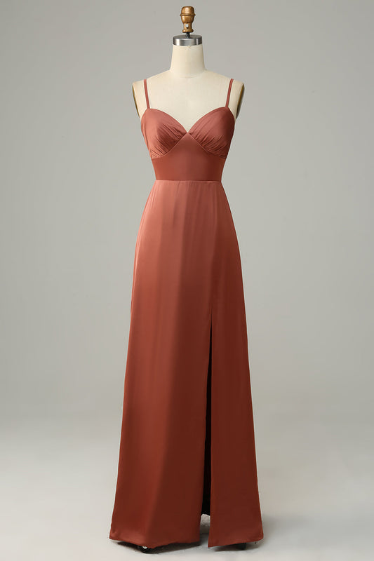 Brick Red Sheath Spaghetti Straps Satin Bridesmaid Dress With Slit