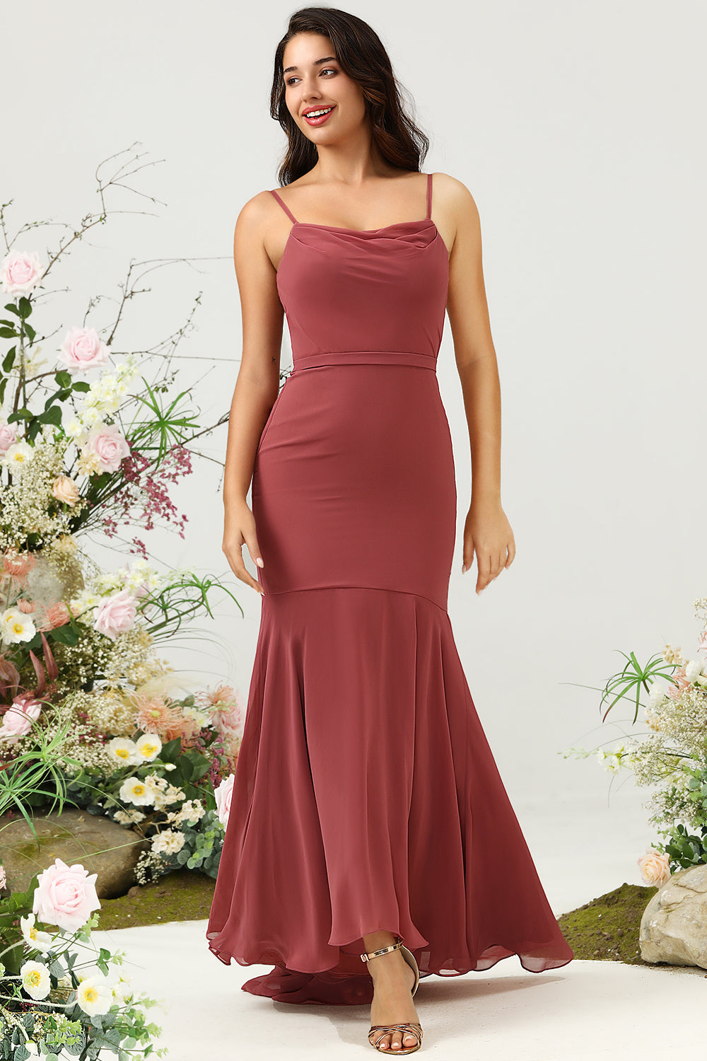 Desert Rose Spaghetti Straps Mermaid Open Back Bridesmaid Dress