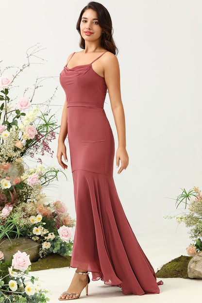 Desert Rose Spaghetti Straps Mermaid Open Back Bridesmaid Dress