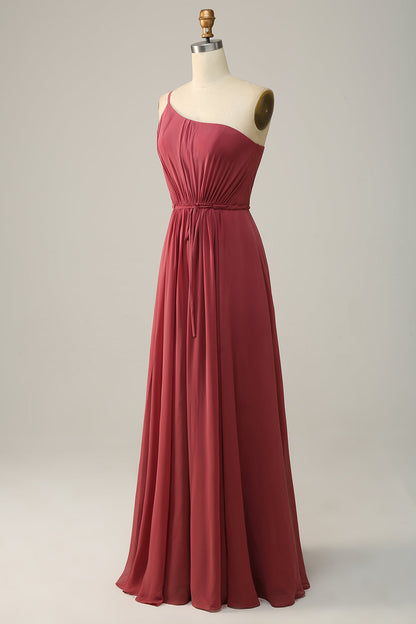 One Shoulder Desert Rose A Line Long Bridesmaid Dress