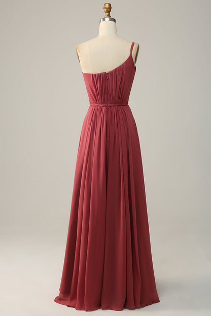 One Shoulder Desert Rose A Line Long Bridesmaid Dress