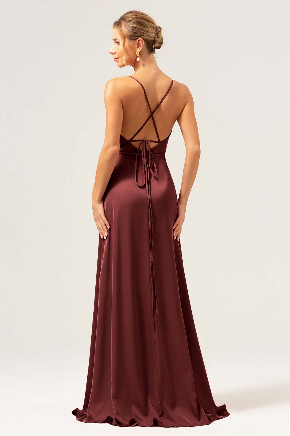 Burgundy A Line Spaghetti Straps Backless Satin Long Bridesmaid Dress with Slit