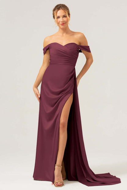 Sage Mermaid Off The Shoulder Pleated Satin Bridesmaid Dress with Slit