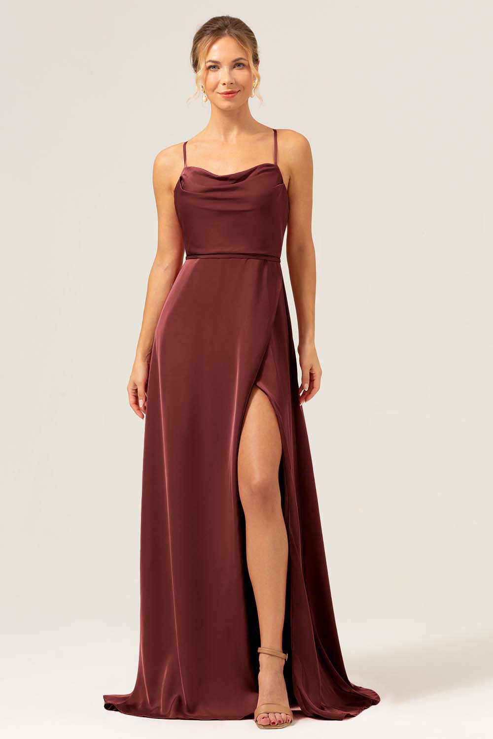 Burgundy A Line Spaghetti Straps Backless Satin Long Bridesmaid Dress with Slit