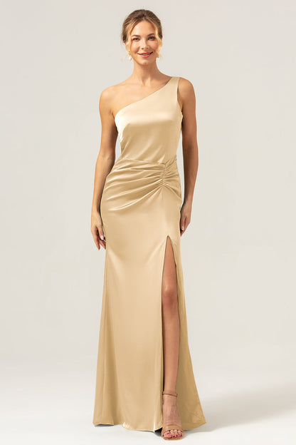 Olive Mermaid One Shoulder Backless Satin Long Bridesmaid Dress