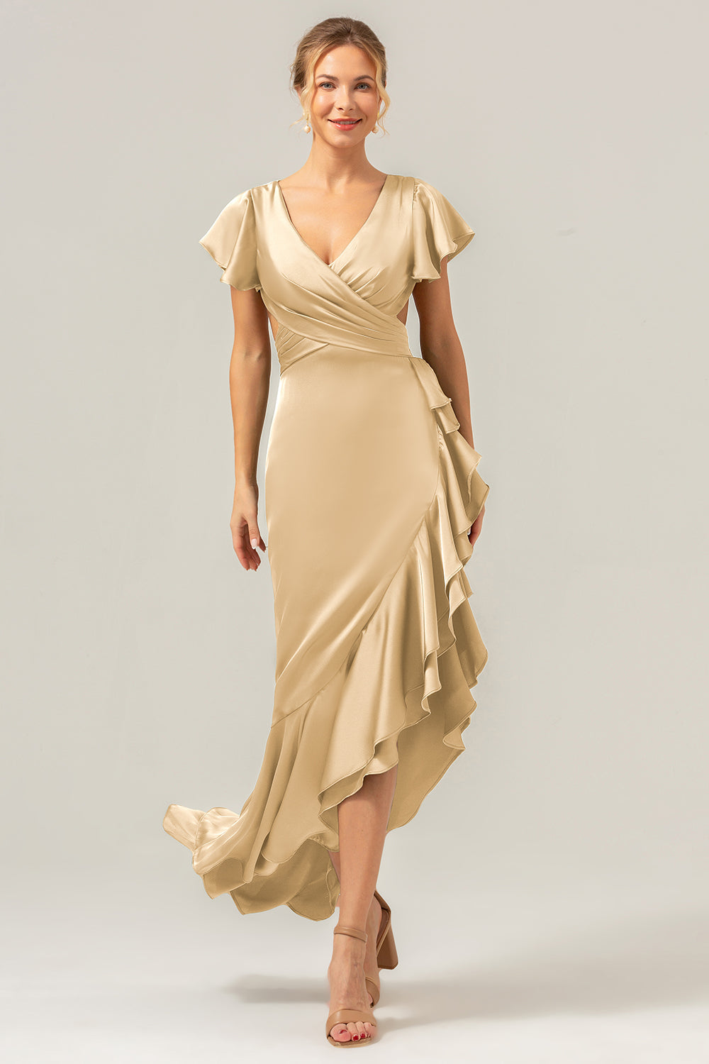 Olive A Line V Neck Satin Asymmetrical Bridesmaid Dress with Ruffle Slit