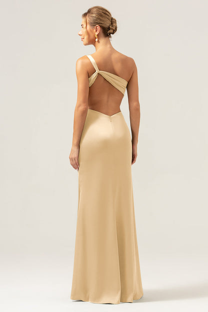 Olive Mermaid One Shoulder Backless Satin Long Bridesmaid Dress