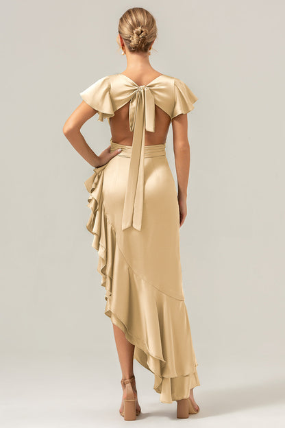 Olive A Line V Neck Satin Asymmetrical Bridesmaid Dress with Ruffle Slit