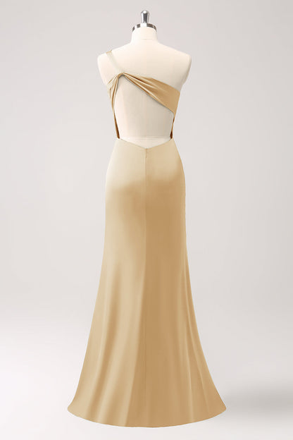 Olive One Shoulder Mermaid Satin Long Bridesmaid Dress