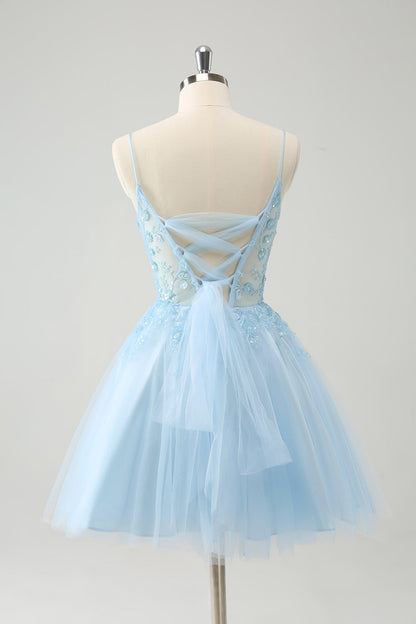 Princess Blush A Line Spaghetti Straps Tulle Short Homecoming Dress with Appliques