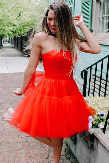 LTP1422,Red Tulle Strapless Homecoming Dresses Short Prom Dresses Evening Gown