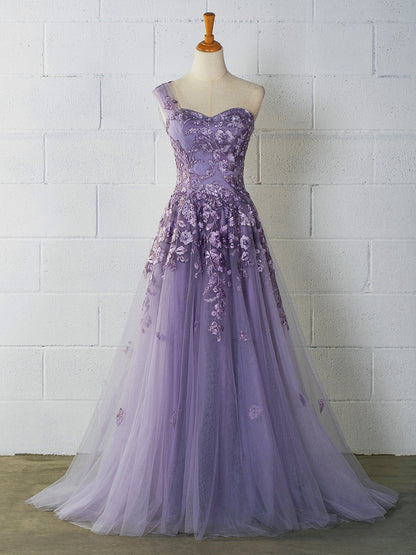 Sweet-Heart Tulle One Shoulder Floor Length Prom Dress