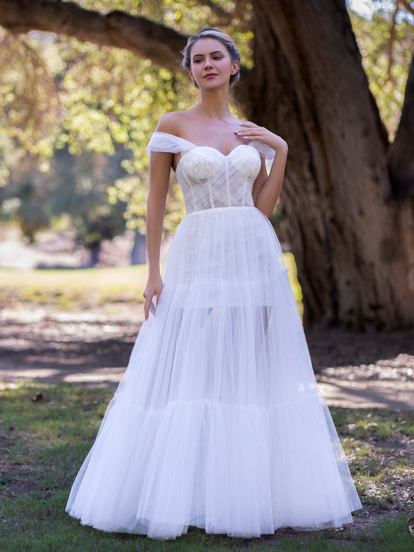 Off Shoulder A-Line Tulle Ivory Prom Dress