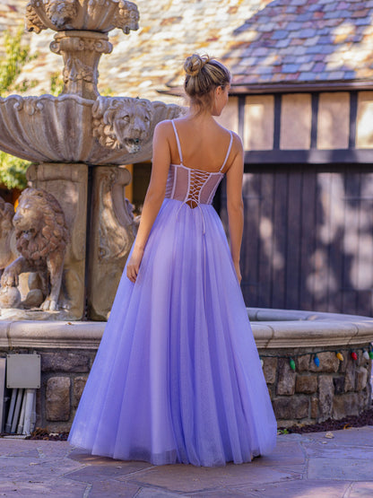 Spaghetti Straps Corset Floor Length Tulle Prom Dress