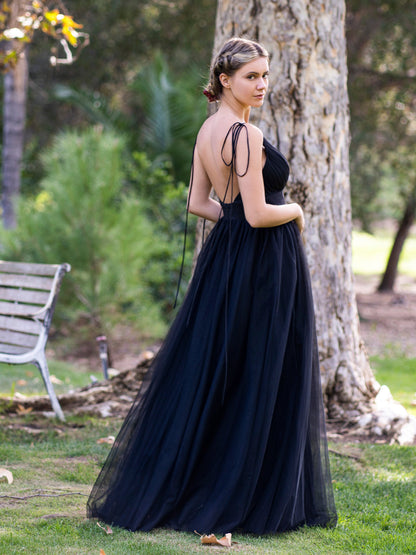 Deep V-neck Tulle Sweep Train Prom Dress