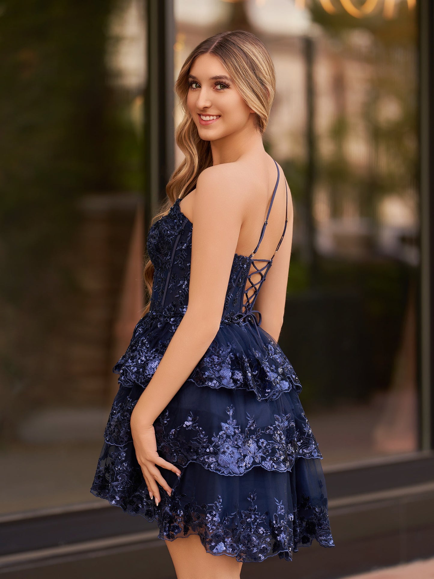 Emma | A Line One Shoulder Navy Tiered Lace Short Homecoming Dress