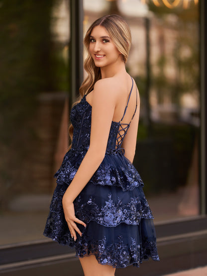 Emma | A Line One Shoulder Navy Tiered Lace Short Homecoming Dress