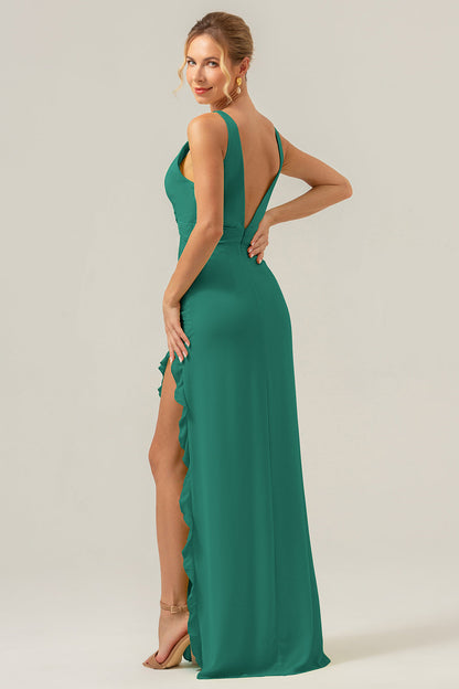 Lime Sheath Deep V Neck Backless Long Bridesmaid Dress with Ruffle Slit