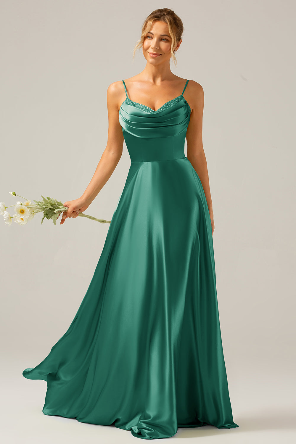 Dusty Sage A Line Cowl Neck Satin Long Bridesmaid Dress with Pleated