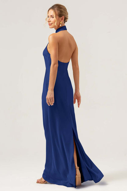 Champagne Sheath Halter Long Bridesmaid Dress With Slit