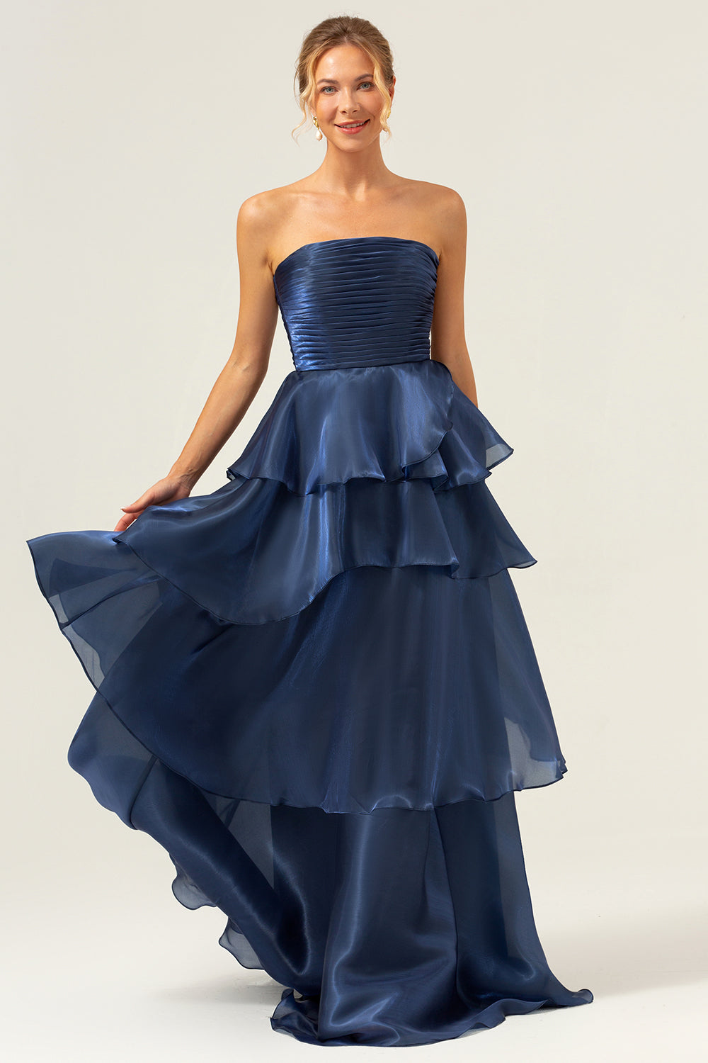 Dark Navy A Line Strapless Tiered Satin Long Bridesmaid Dress