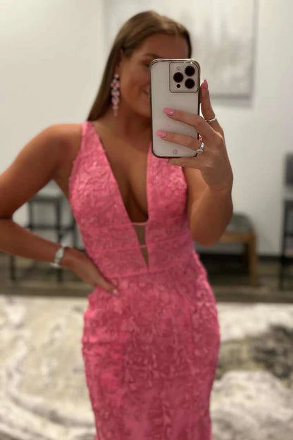 Kallie |Hot Pink Mermaid Plunge V Neck Lace Prom Dress