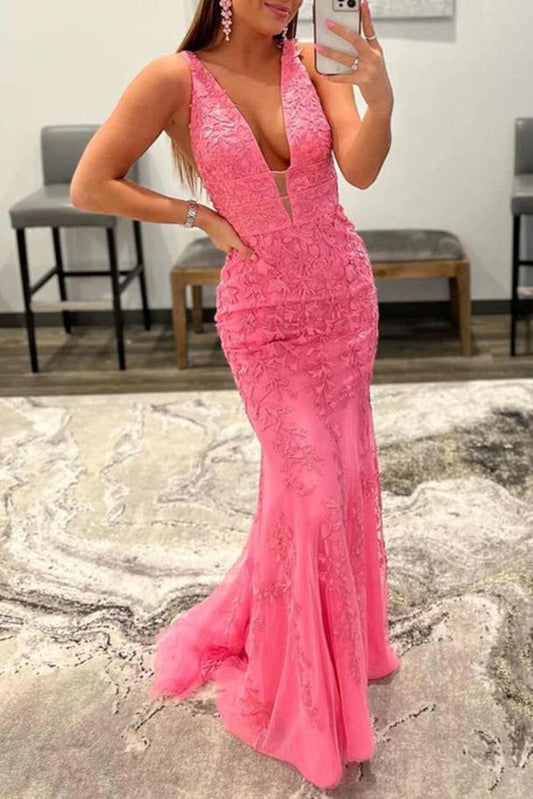 Kallie |Hot Pink Mermaid Plunge V Neck Lace Prom Dress