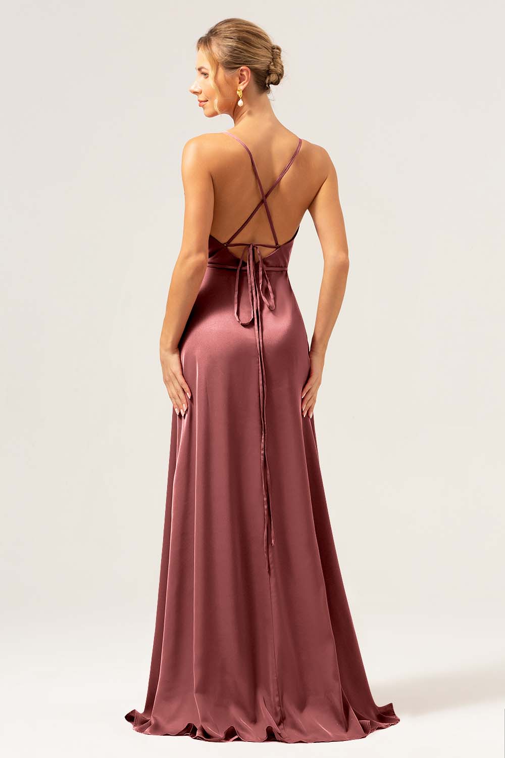 Burgundy A Line Spaghetti Straps Backless Satin Long Bridesmaid Dress with Slit