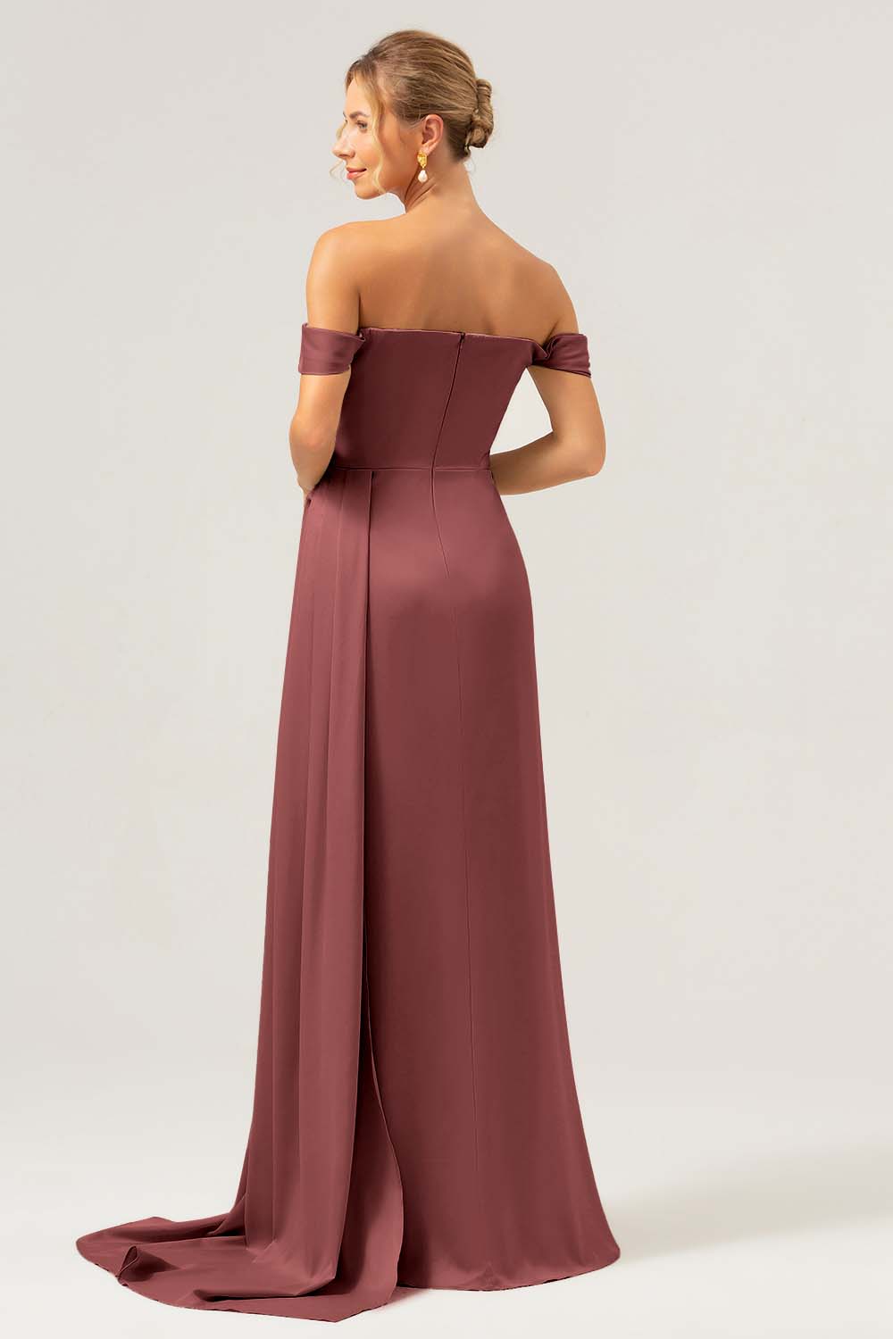 Sage Mermaid Off The Shoulder Pleated Satin Bridesmaid Dress with Slit