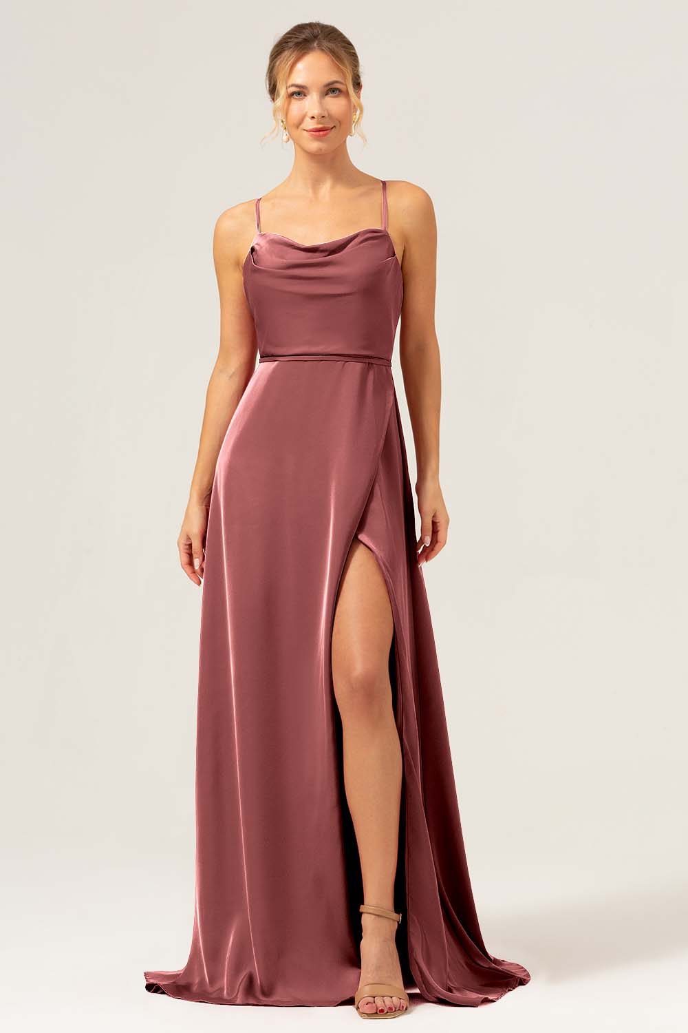 Burgundy A Line Spaghetti Straps Backless Satin Long Bridesmaid Dress with Slit