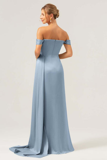 Sage Mermaid Off The Shoulder Pleated Satin Bridesmaid Dress with Slit