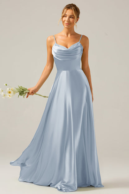 Dusty Sage A Line Cowl Neck Satin Long Bridesmaid Dress with Pleated