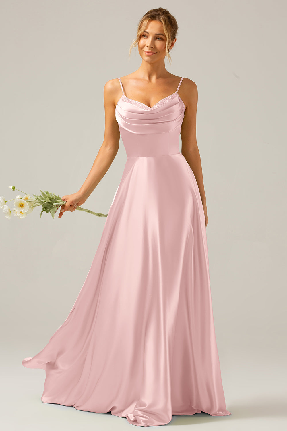 Dusty Sage A Line Cowl Neck Satin Long Bridesmaid Dress with Pleated