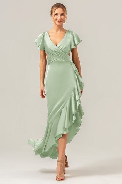 Olive A Line V Neck Satin Asymmetrical Bridesmaid Dress with Ruffle Slit